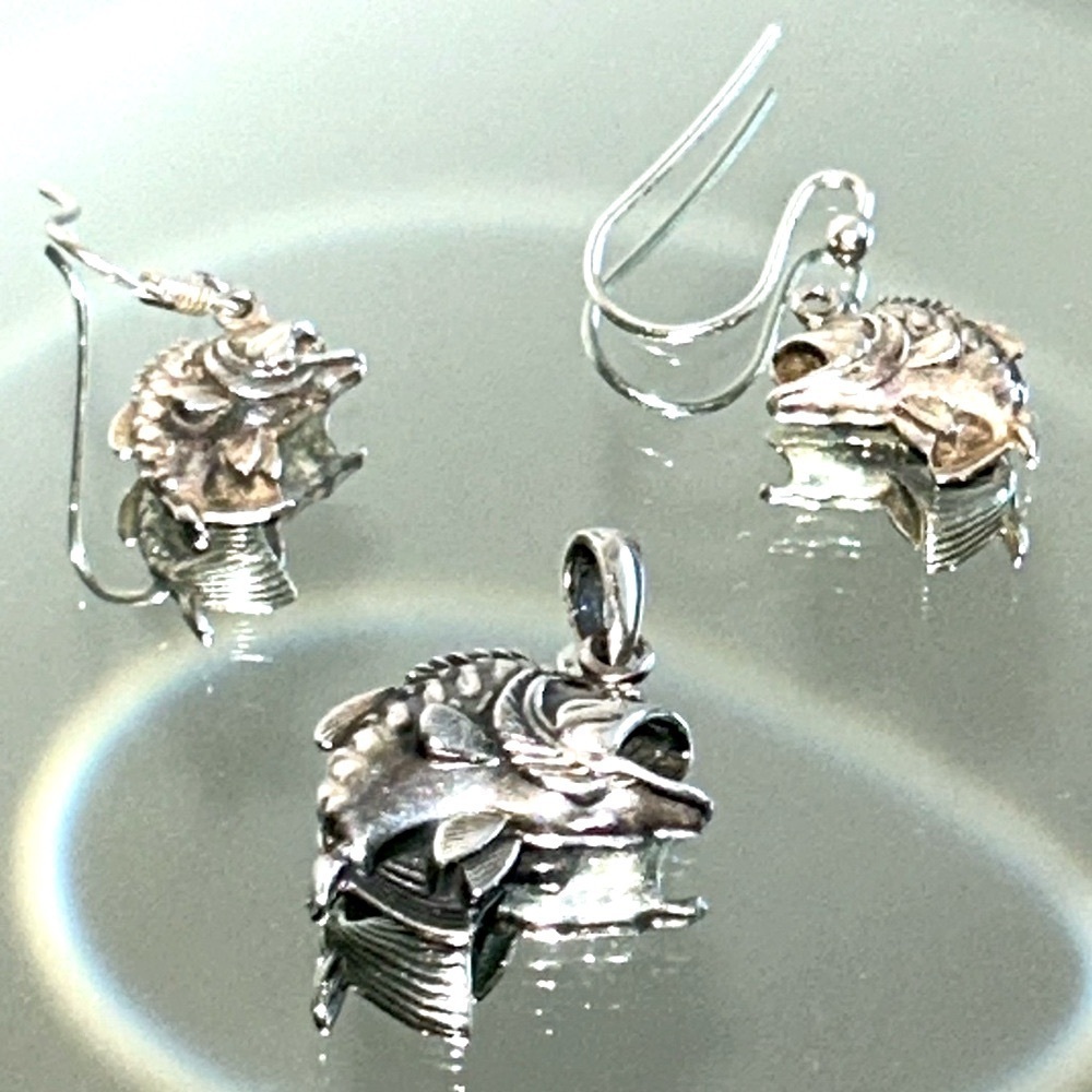 Sterling Silver 3D Big Mouth Bass Fish Charm Pendant Earrings Set Collectible